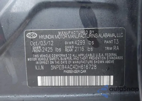 2013 Hyundai Sonata Gls z USA, uszkodzony, nr VIN 5NPEB4AC4DH616728